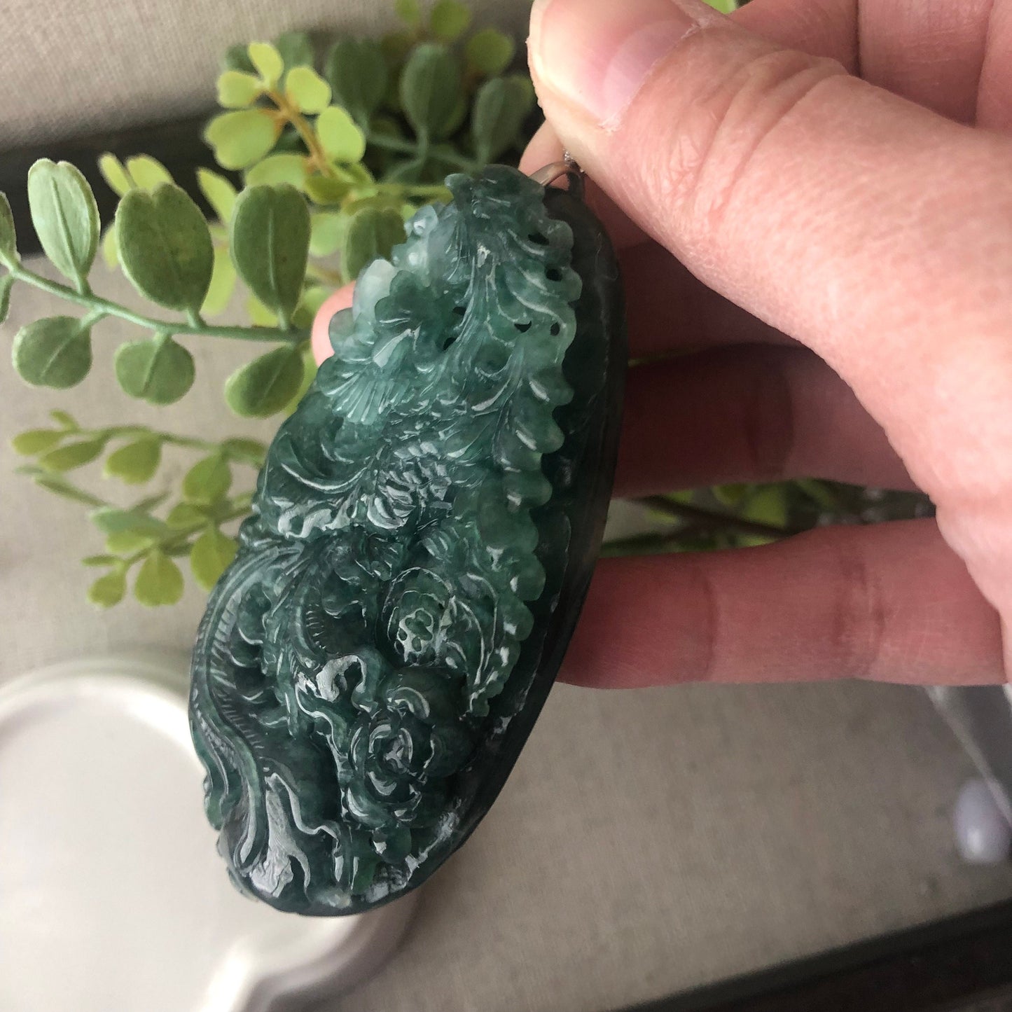76.3mm  Icy Glossy Green Jadeite Jade Carved Peacock Pendant