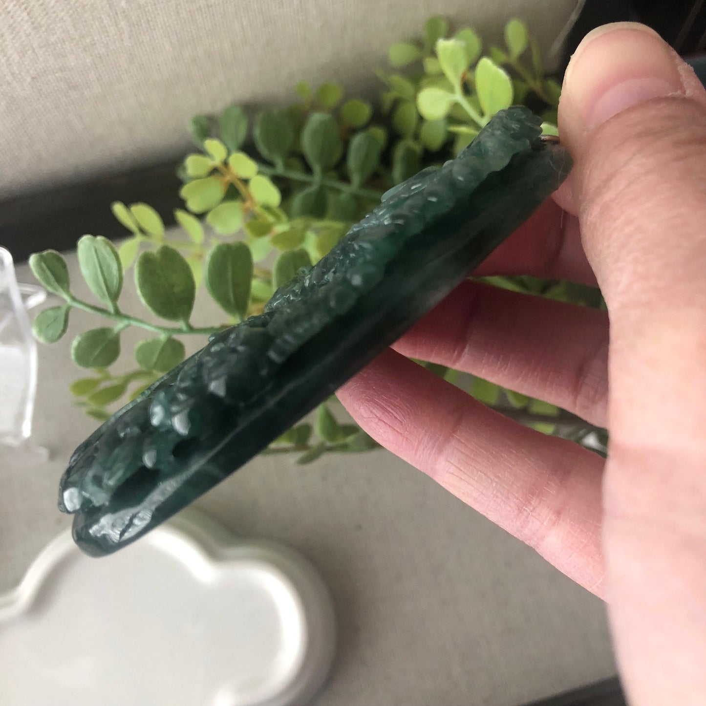 76.3mm  Icy Glossy Green Jadeite Jade Carved Peacock Pendant