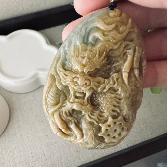 66mm Jadeite Jade Brown Green Carved Dragon Pendant