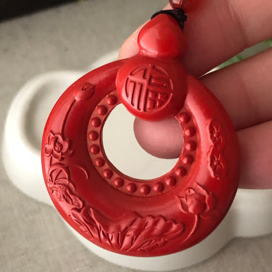 38mm Cinnabar Carved Hulu Ruyi Six Word Blessing Key Charm Donut Pendant