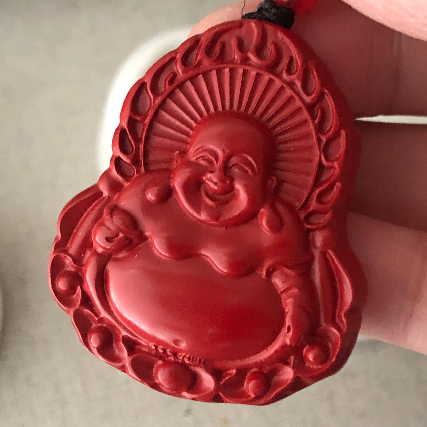 41mm Cinnabar Carved Happy Buddha Word Blessing Key Charm Pendant