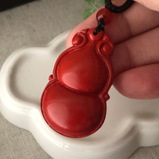 40mm Cinnabar Carved Hulu  Key Charm Pendant