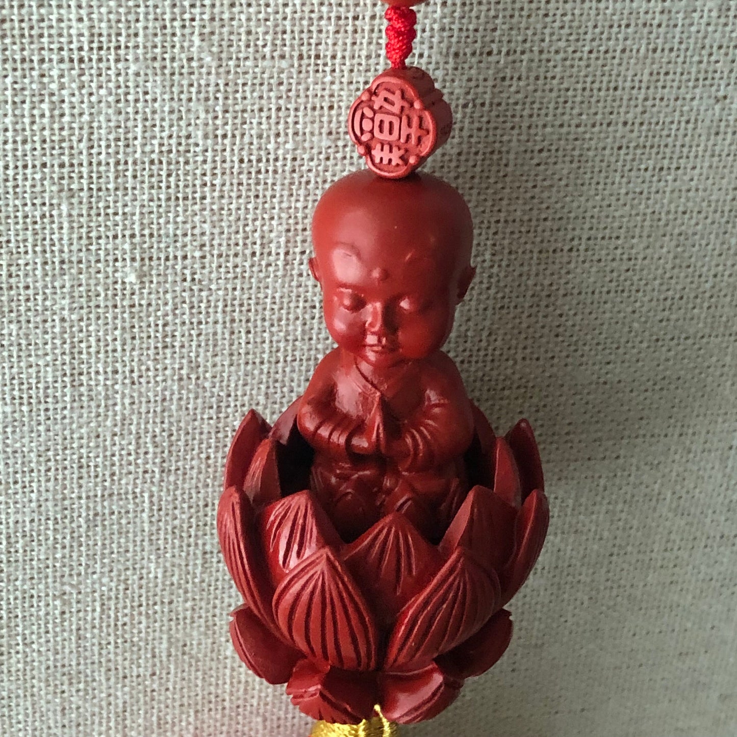 51mm Cinnabar Carved Baby Praying Buddha Lotus Flower  Key Charm Pendant