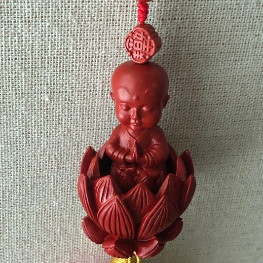 51mm Cinnabar Carved Baby Praying Buddha Lotus Flower  Key Charm Pendant