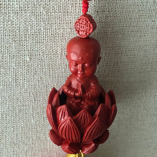 51mm Cinnabar Carved Baby Praying Buddha Lotus Flower  Key Charm Pendant