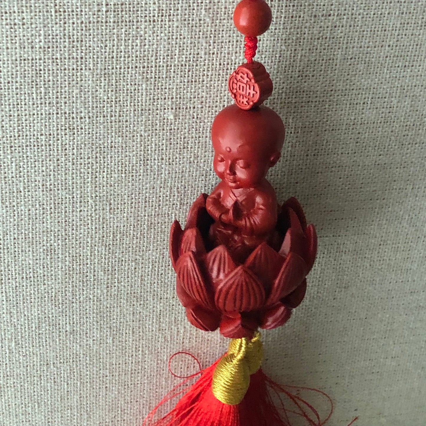 51mm Cinnabar Carved Baby Praying Buddha Lotus Flower  Key Charm Pendant