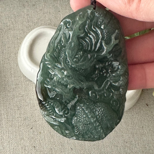 70.9mm Jadeite Jade Oily Green Carved Dragon Pendant