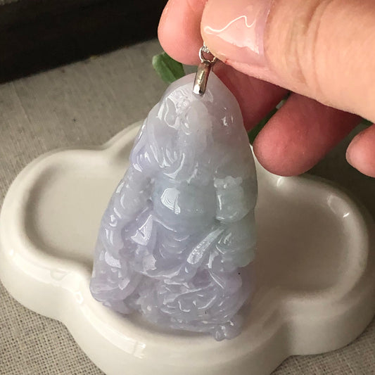 57mm Jadeite Jade Lavender Carved Chief God 關二爺 Pendant