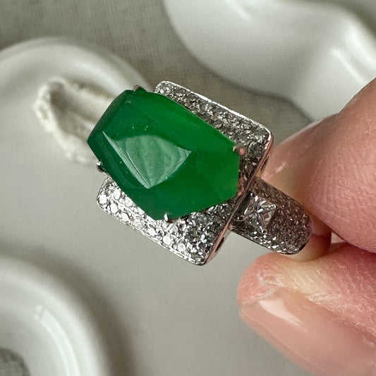 18K White Gold 10mm Jadeite Jade Icy Yang Green Carved Ring Diamonds