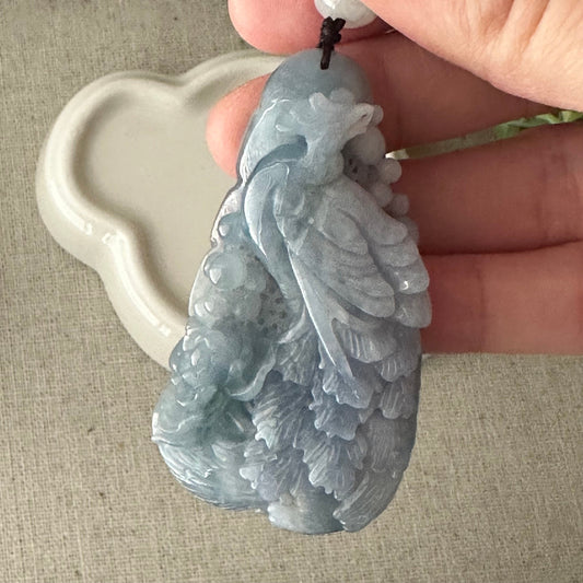 62mm Jadeite Jade Lavender Blue Carved Phoenix Pendant