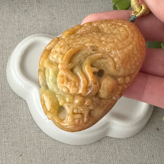 58mm Jadeite Jade Yellow Carved Dragon Pendant