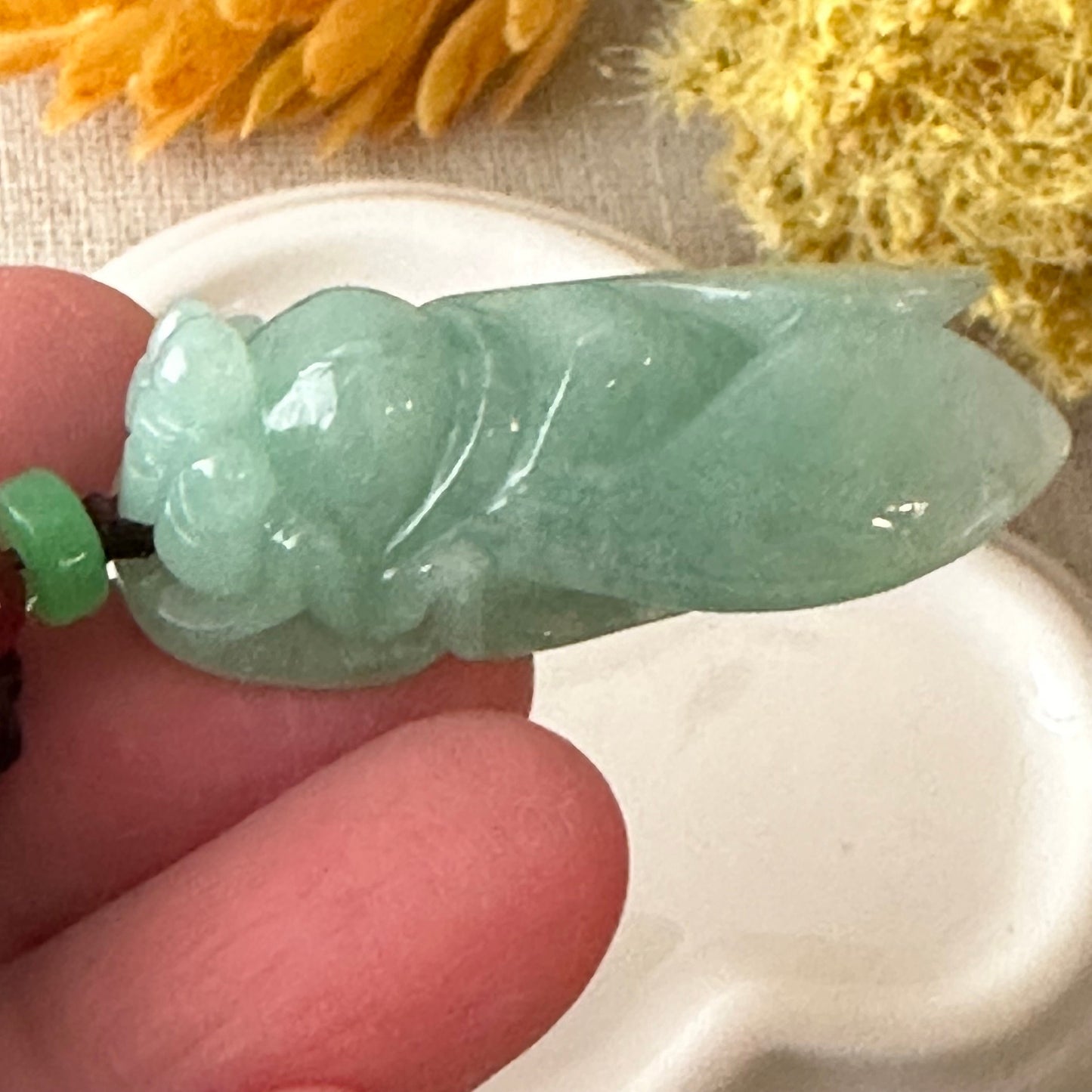37mm Green Jadeite Jade Carved Locust  Pendant