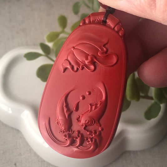 49mm Cinnabar Carved Double Fish Happiness Pendant