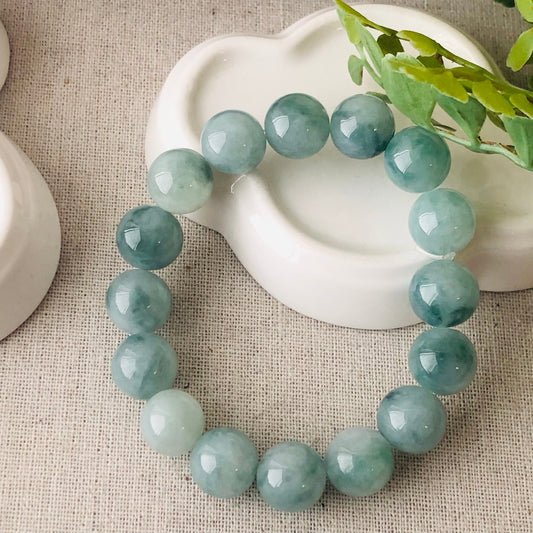 12.5mm Green Float Flowers Jadeite Jade Bead Bracelet