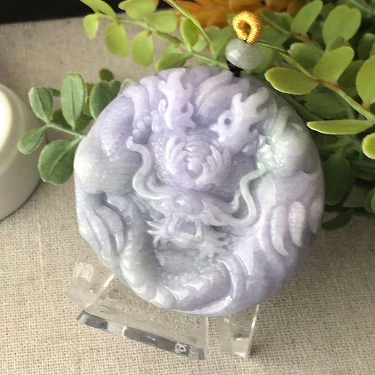 55mm Jadeite Jade Lavender Green Carved Dragon Pendant