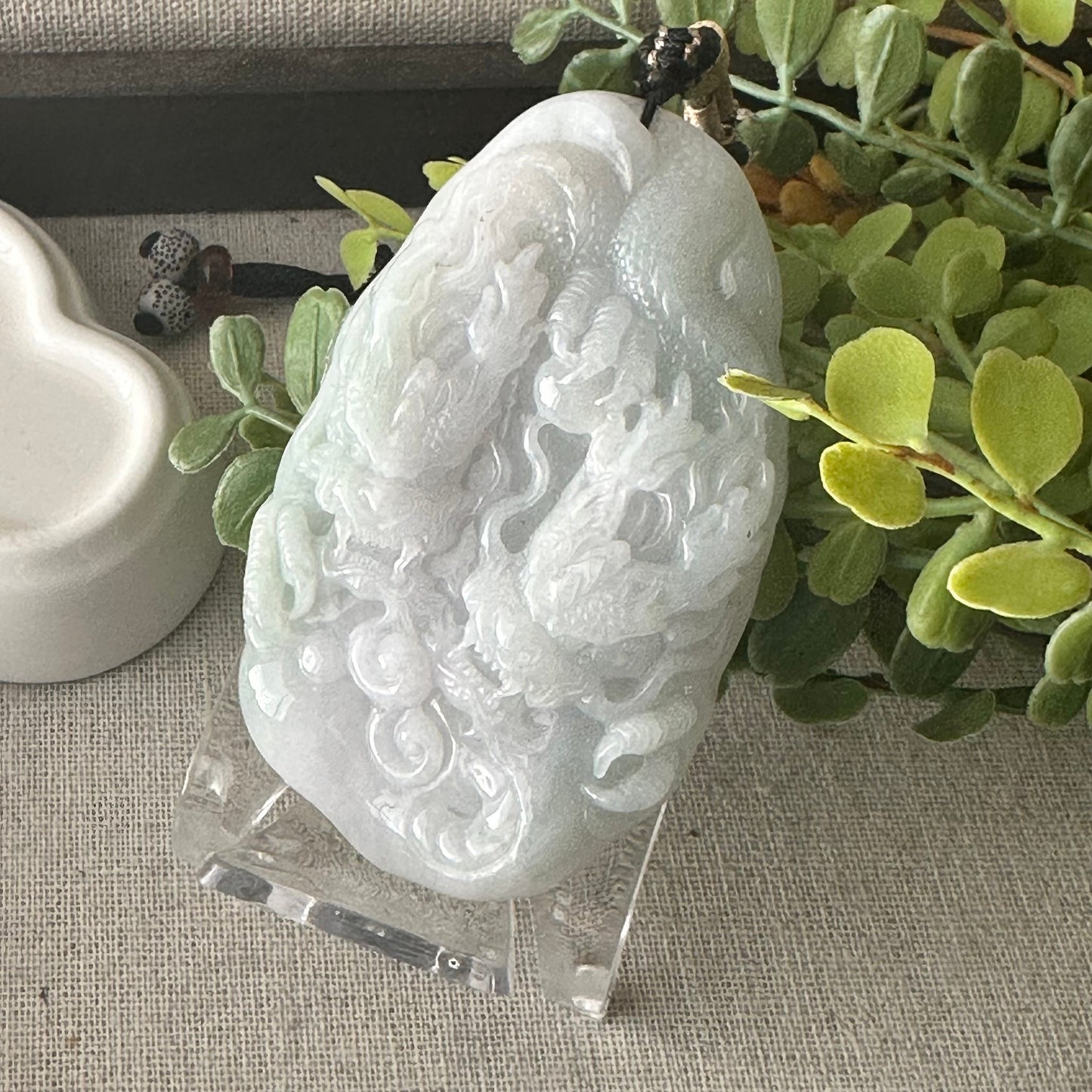 73mm Jadeite Jade Green Carved Double Dragon Head Pendant