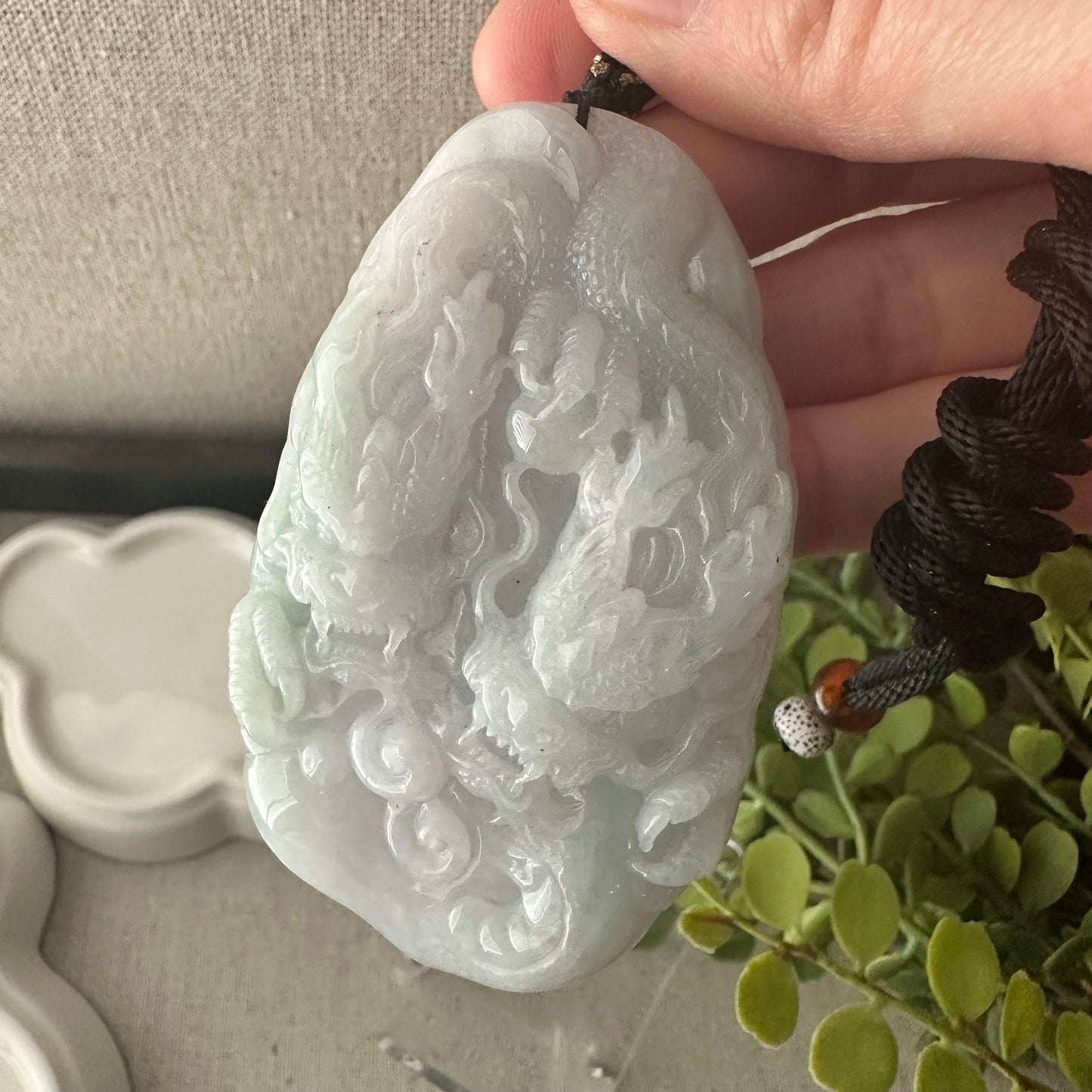 73mm Jadeite Jade Green Carved Double Dragon Head Pendant
