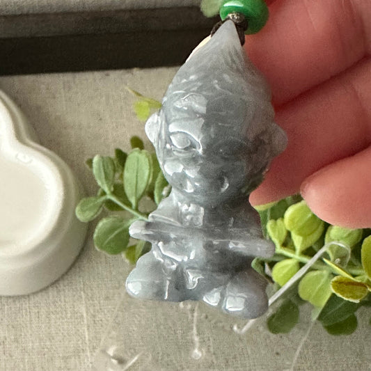 37mm Icy Wuji Jadeite Jade Carved Baby Monkey King Pendant