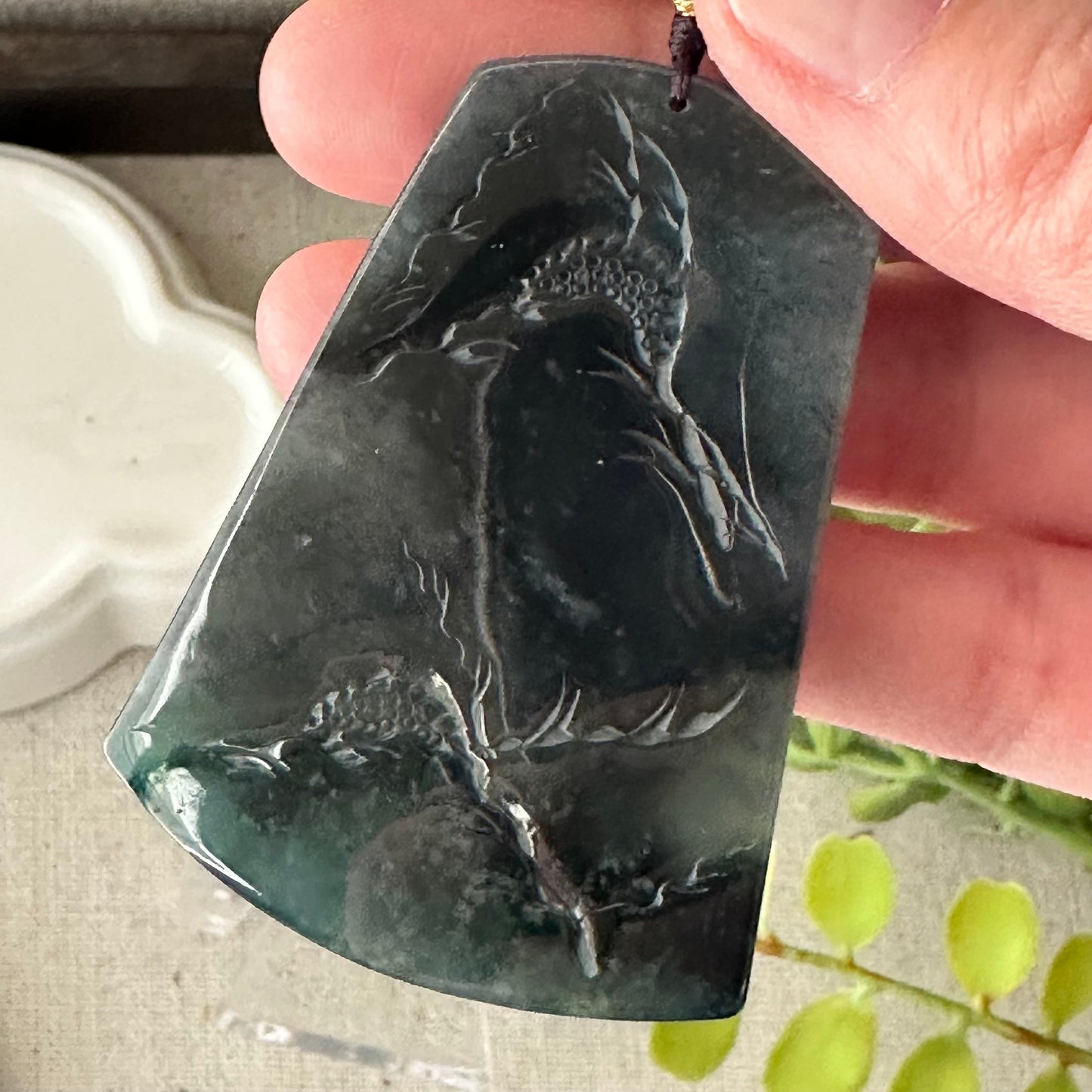 58 mm Icy Blue Water Green Jadeite Jade Carved Landscape Trees Pendant