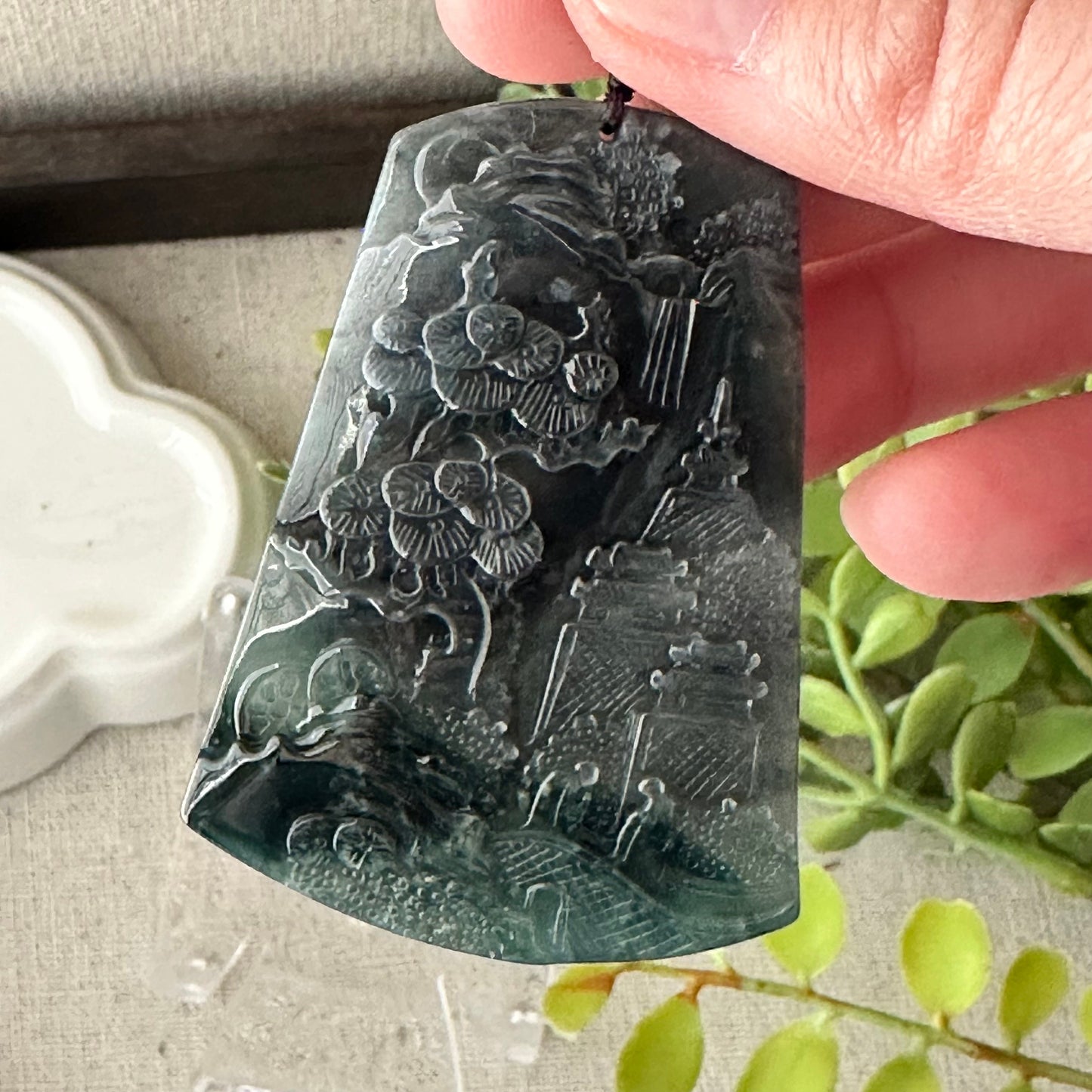 58 mm Icy Blue Water Green Jadeite Jade Carved Landscape Trees Pendant