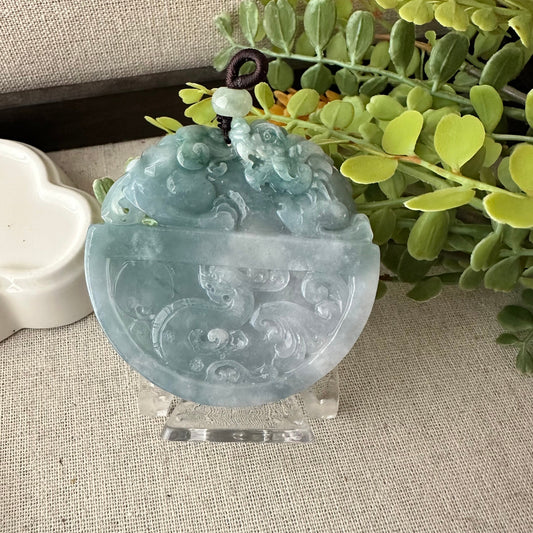55 mm Blue Green Jade Jadeite Carved Pixiu Pendant