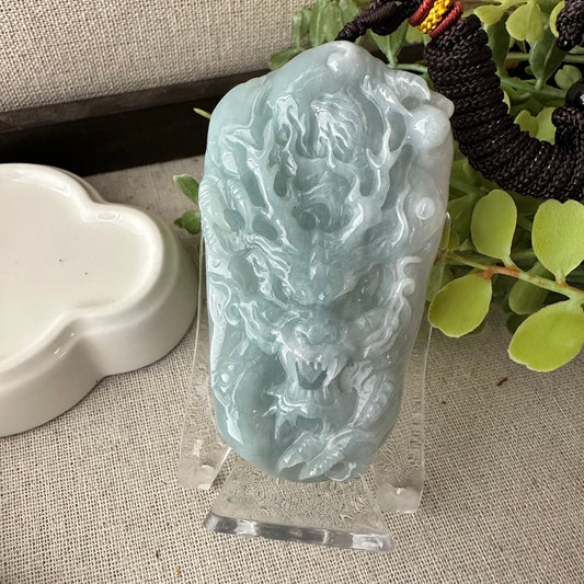 72mm Icy Blue Green Jadeite Jade Carved Dragon Pendant