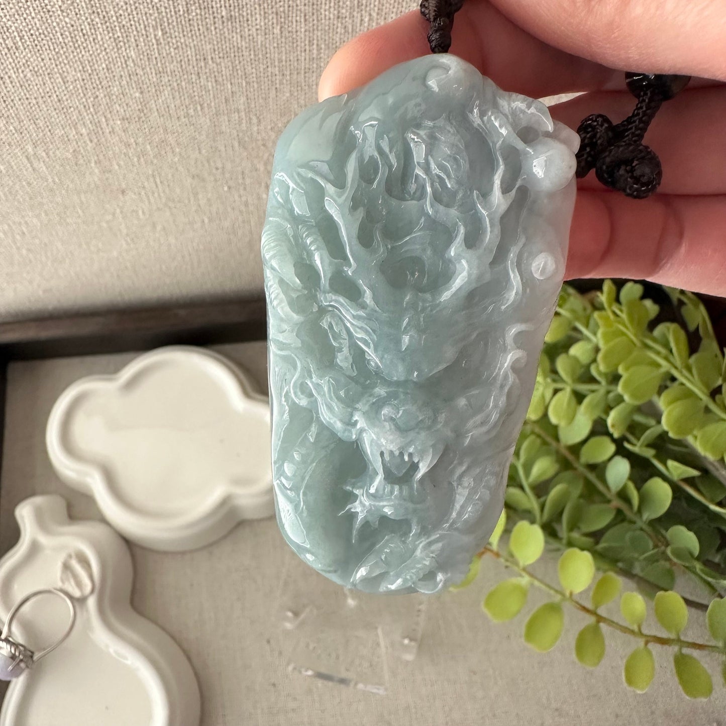 72mm Icy Blue Green Jadeite Jade Carved Dragon Pendant
