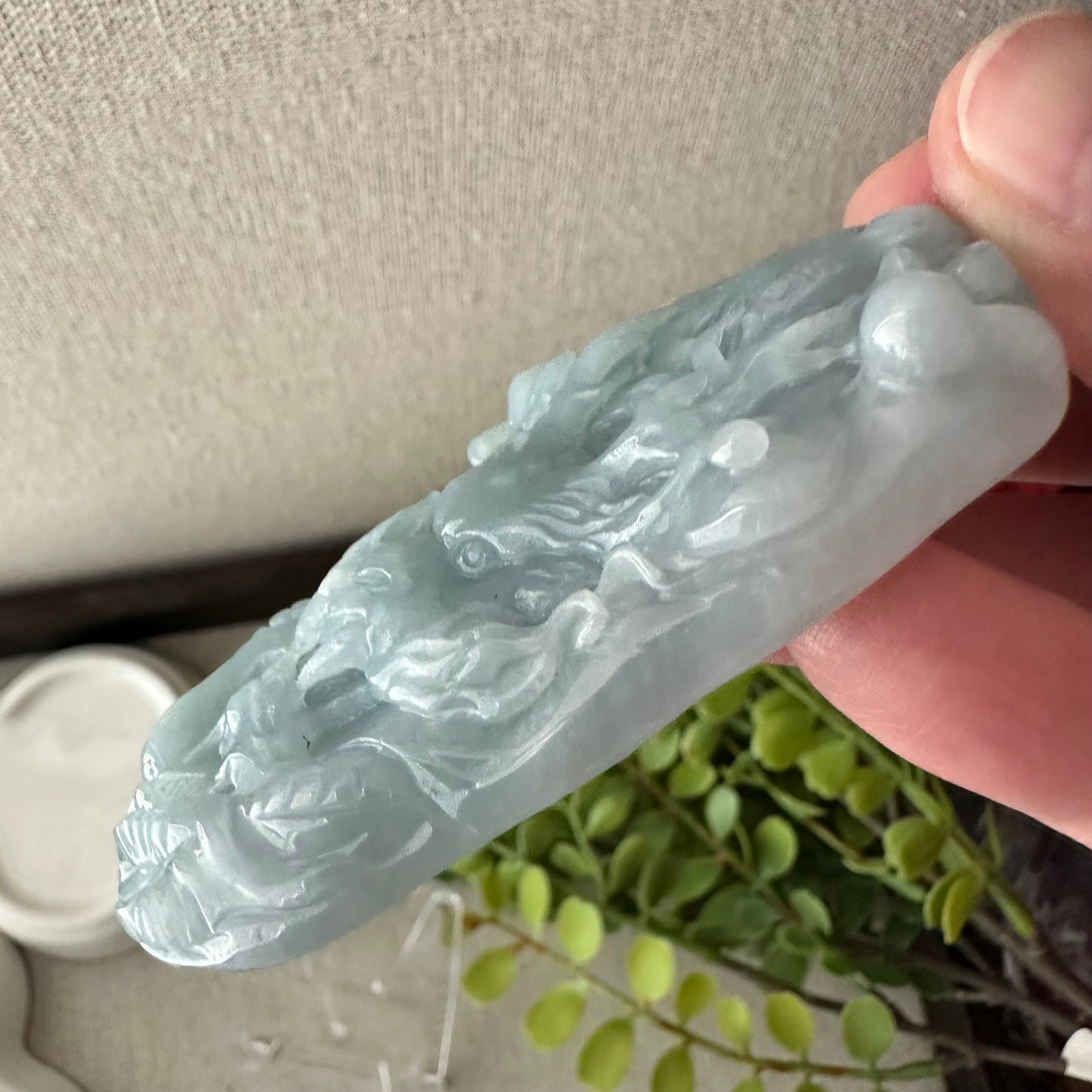72mm Icy Blue Green Jadeite Jade Carved Dragon Pendant