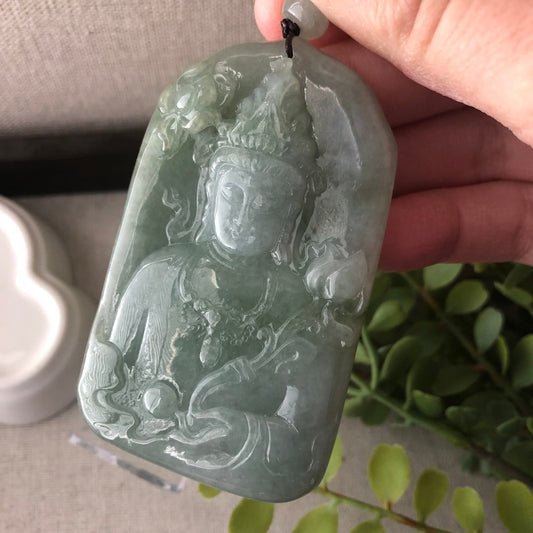 70 mm Green Jade Jadeite Carved Guanyin Pendant
