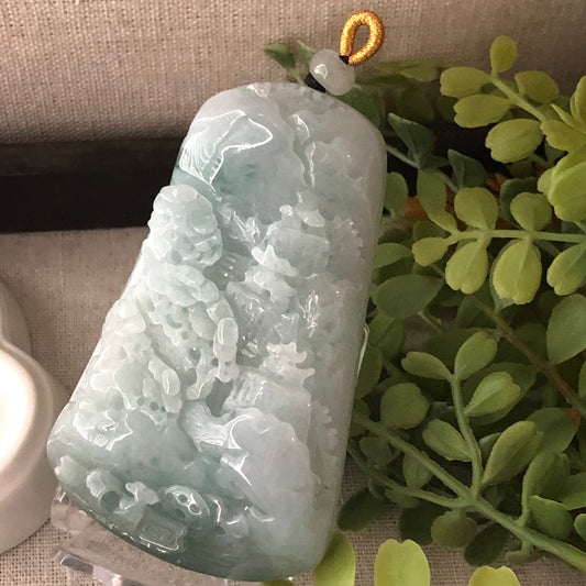 80.4 mm Green Jadeite Jade Carved Landscape Trees Pendant