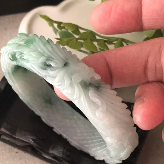 58mm Green Float Flowers Flower  Carved D-shaped Jadeite Jade Bangle