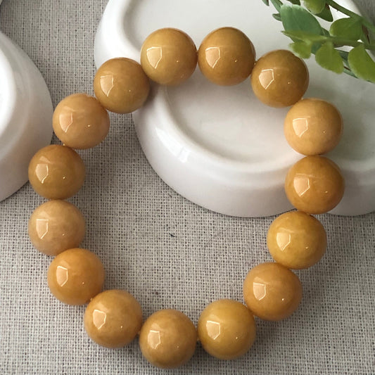 13.8-14mm Yellow Brown Jade Jadeite Beaded Bracelet
