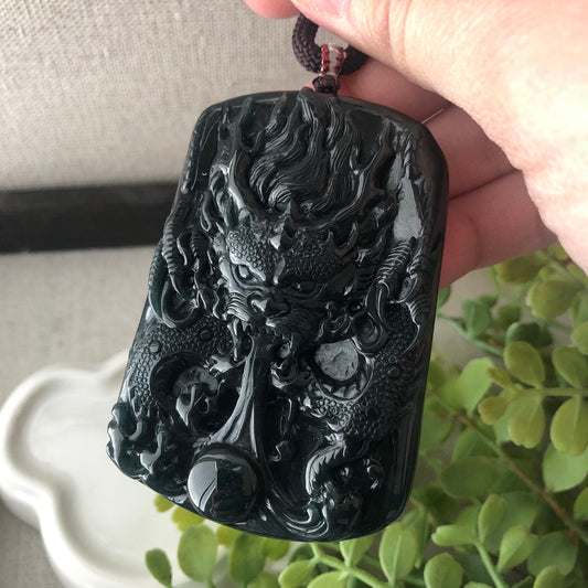 67mm Black Omphacite Jadeite Jade Carved Dragon Pendant