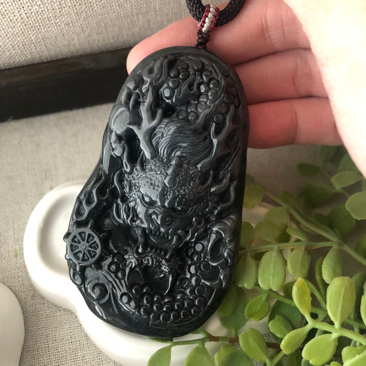 77mm Wuji Jadeite Jade Carved Dragon Pendant