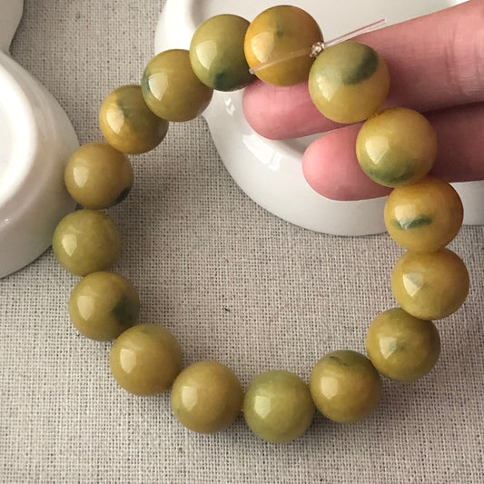 13.8-14mm Yellow Green Jade Jadeite Beaded Bracelet RARE