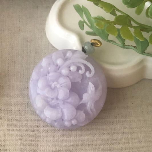 46.7 mm Lavender Jadeite Jade Carved Bird Flower Pendant