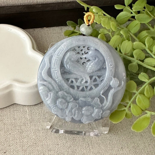 54 mm Lavender Jadeite Jade Carved Love Birds Flower Pendant