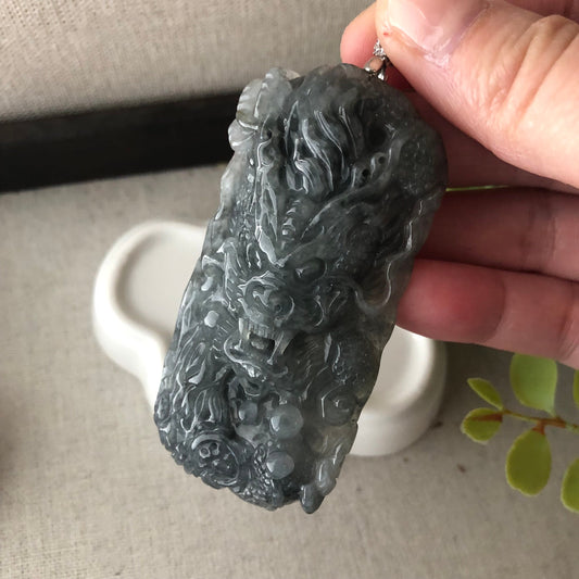 72 Jadeite Jade Wuji Grey Carved Dragon Pendant