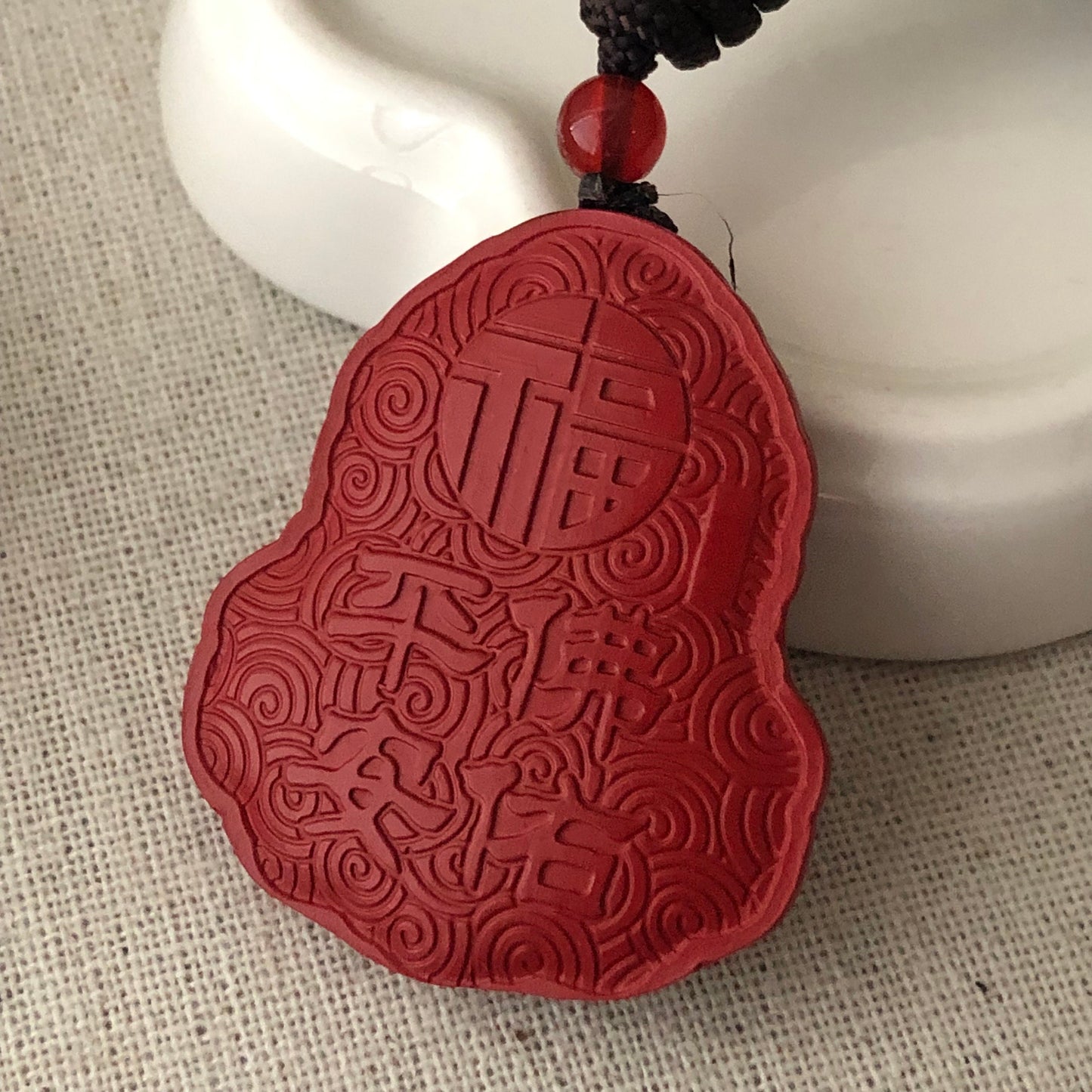41mm Cinnabar Carved Happy Buddha Word Blessing Key Charm Pendant