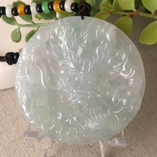 57.7mm Jadeite Jade Icy Green Carved Dragon Pendant
