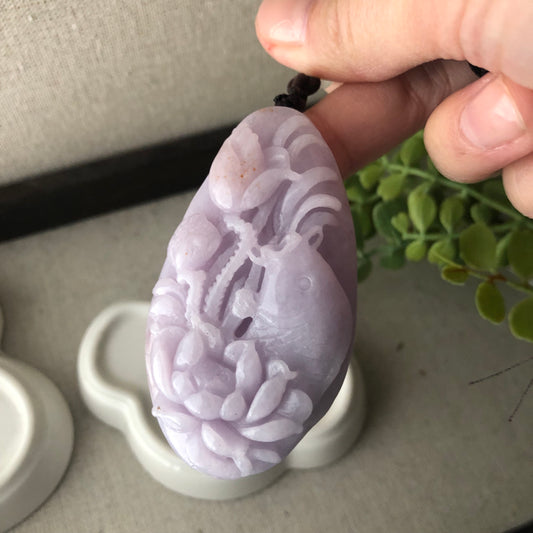 66.7 mm Lavender Jadeite Jade Carved Fish Flower Pendant