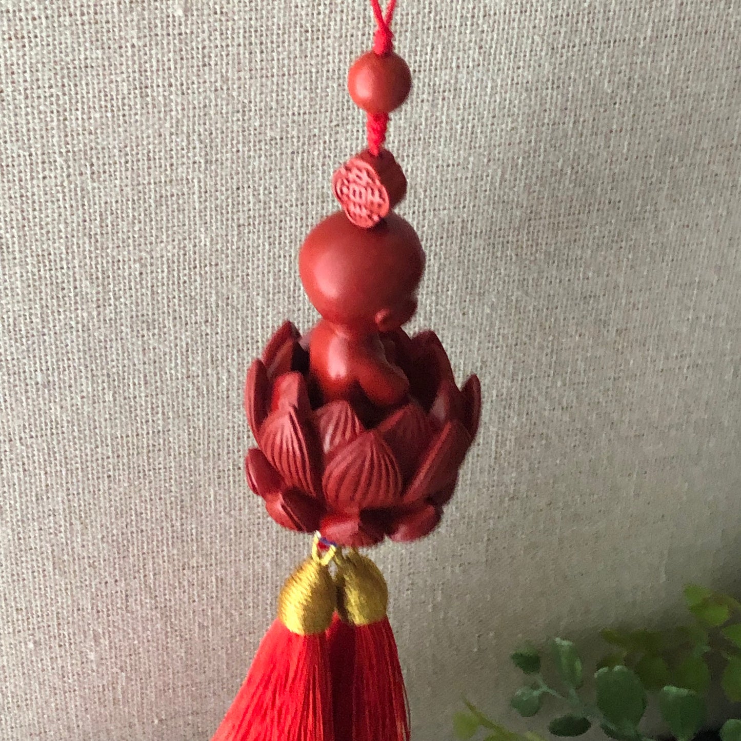 51mm Cinnabar Carved Baby Praying Buddha Lotus Flower  Key Charm Pendant