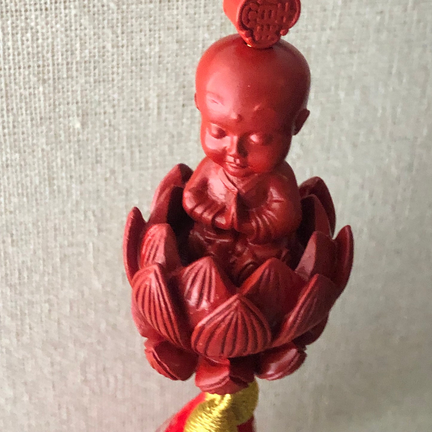 51mm Cinnabar Carved Baby Praying Buddha Lotus Flower  Key Charm Pendant