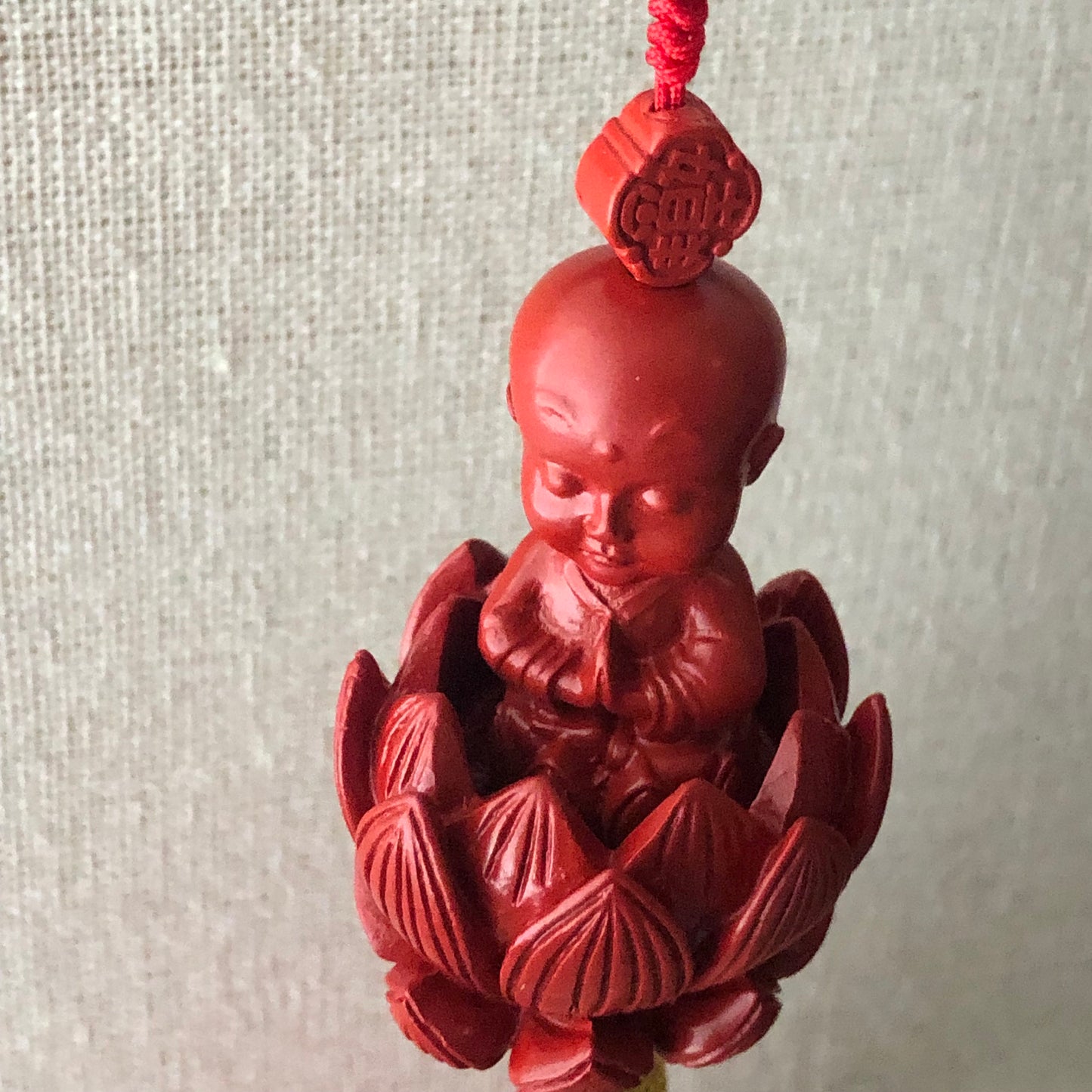 51mm Cinnabar Carved Baby Praying Buddha Lotus Flower  Key Charm Pendant
