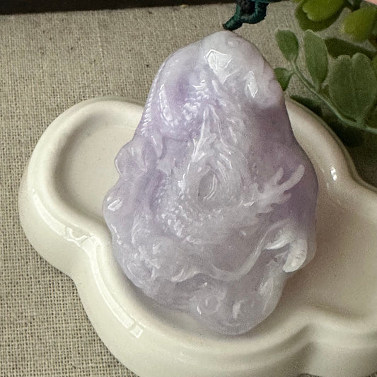 58mm Jadeite Jade Icy Lavender Carved Dragon Pendant