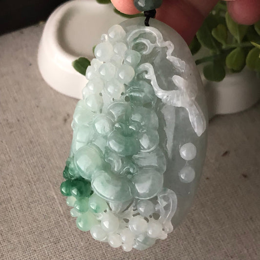 64.1 mm Green Jadeite Jade Carved Flower Landscape Pendant
