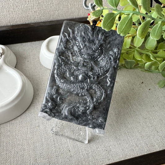 68mm Jadeite Jade Wuji Grey Carved Dragon Pendant