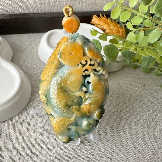 67.4 mm Yellow Green Jadeite Jade Carved Double Fish Flower Pendant