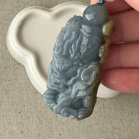 60mm Lavender Blue Jadeite Jade Carved Dragon Pole Pendant