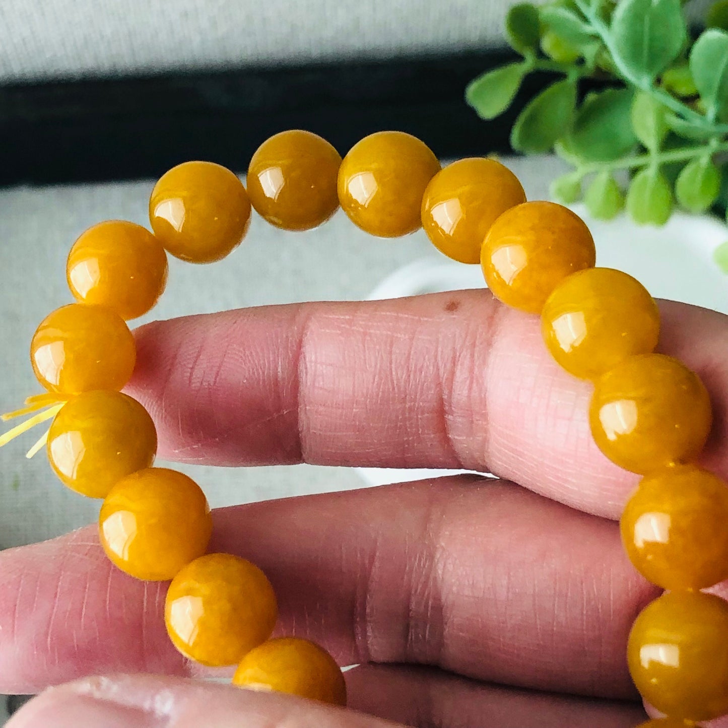 10 mm Glossy Moist Yellow Brown Jadeite Jade Bead Bracelet
